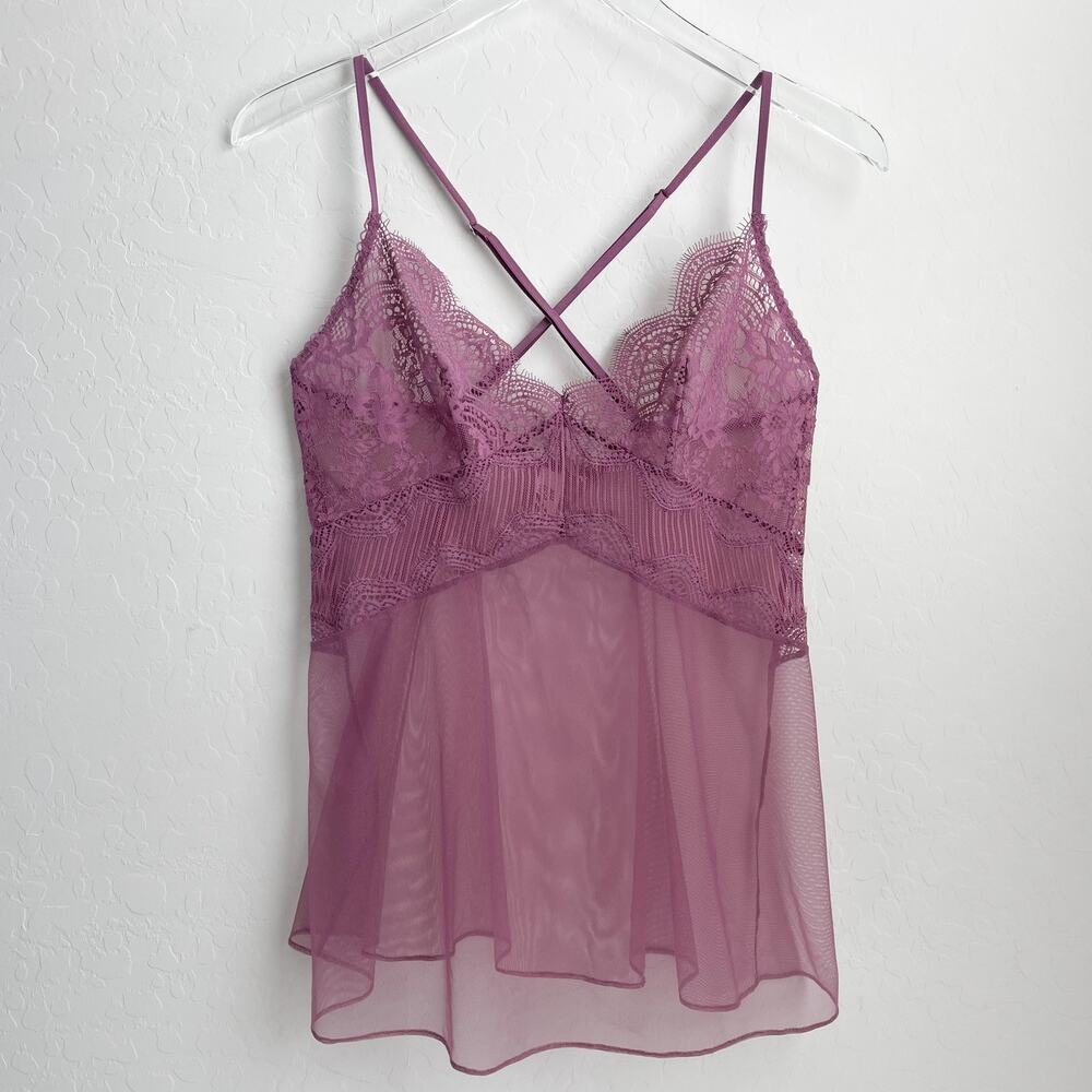 Victorias Secret Lace Cami Top Sheer Criss Cross Purple Medium